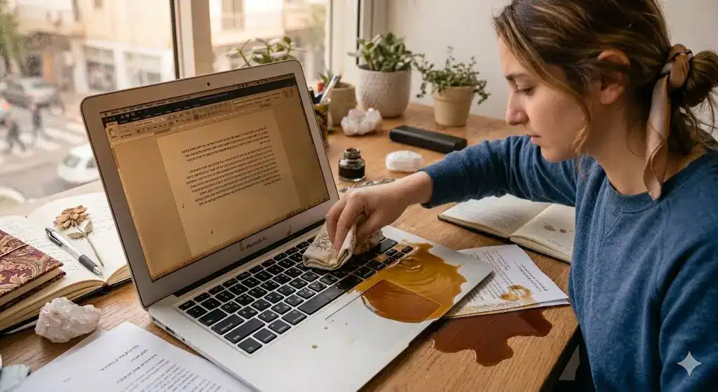 אישה מנגבת קפה שנשפך על מקלדת של מחשב נייד - מה לעשות כשנשפך מים על הלפטופ